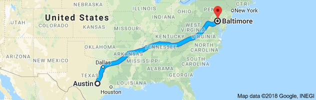 Austin to Baltimore Auto Transport Route