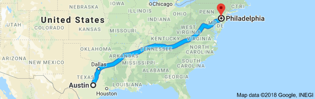 Austin to Philadelphia Auto Transport Route