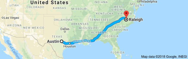 Austin to Raleigh Auto Transport Route