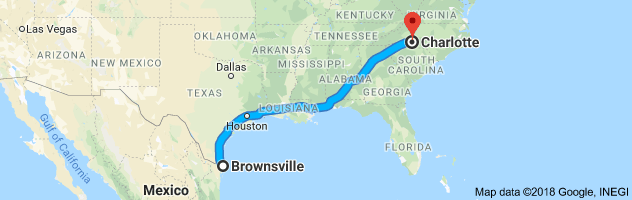 Brownsville to Charlotte Auto Transport Route