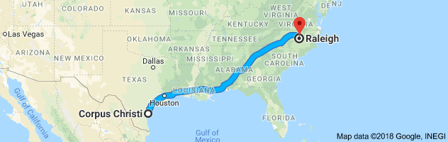 Corpus Christi to Raleigh Auto Transport Route