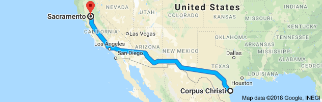 Corpus Christi to Sacramento Auto Transport Route