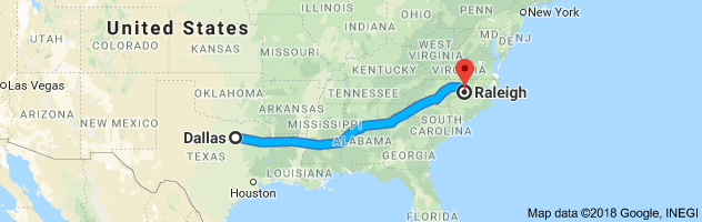 Dallas to Raleigh Auto Transport Route