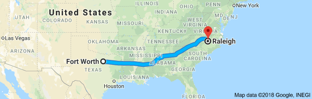 Fort Worth to Raleigh Auto Transport Route