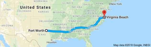 Fort Worth to Virginia Beach Auto Transport Route