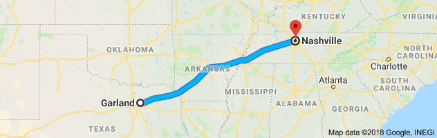 Garland to Nashville Auto Transport Route