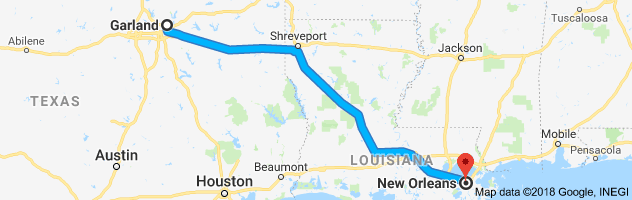 Garland to New Orleans Auto Transport Route