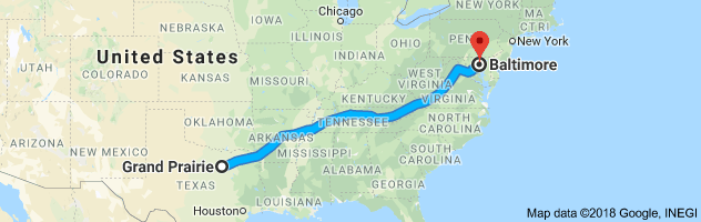 Grand Prairie to Baltimore Auto Transport Route