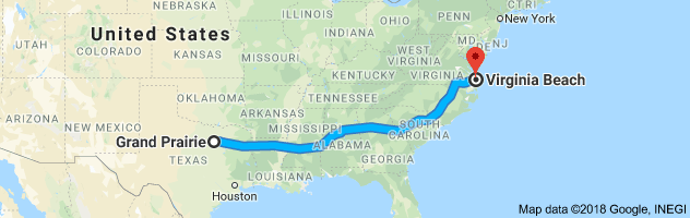 Grand Prairie to Virginia Beach Auto Transport Route