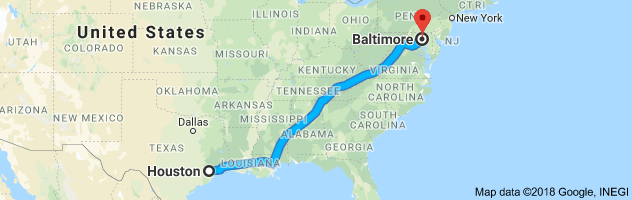 Houston to Baltimore Auto Transport Route