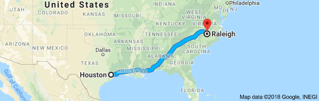 Houston to Raleigh Auto Transport Route