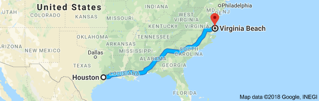Houston to Virginia Beach Auto Transport Route