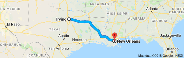 Irving to New Orleans Auto Transport Route