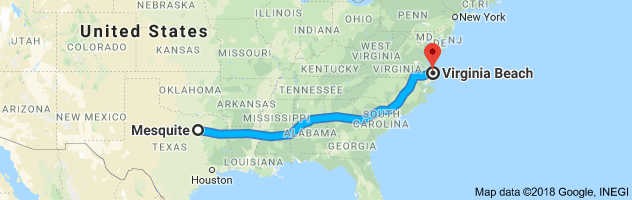 Mesquite to Virginia Beach Auto Transport Route