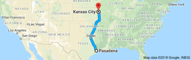 Pasadena to Kansas City Auto Transport Route