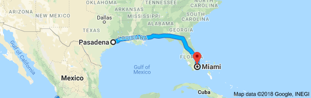 Pasadena to Miami Auto Transport Route