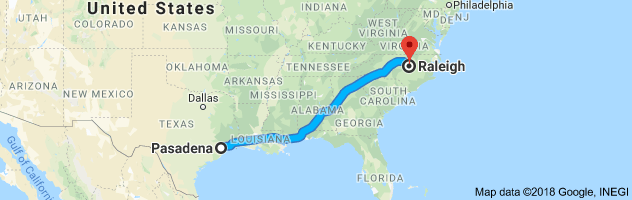 Pasadena to Raleigh Auto Transport Route