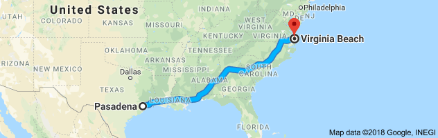Pasadena to Virginia Beach Auto Transport Route