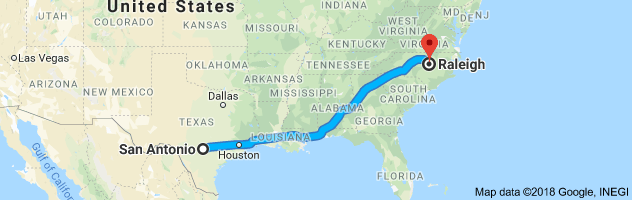 San Antonio to Raleigh Auto Transport Route